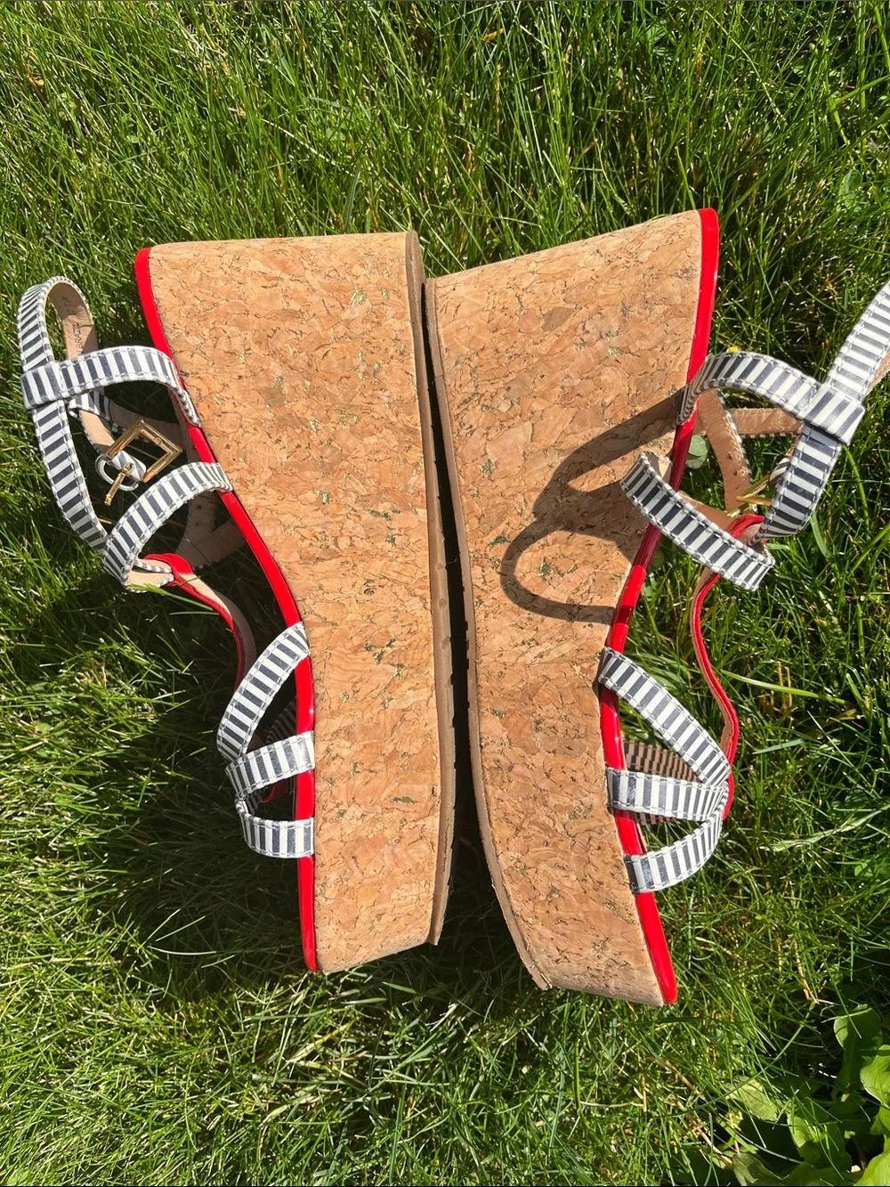 Kate Spade 7.5 Red Strappy Women's Sandals with Black-and-White Striped Accents